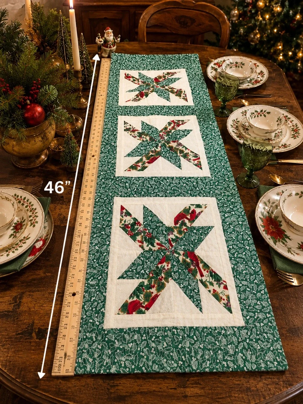 Vintage Handmade Christmas Quilted Table Runner Cardinal Patchwork Star 46”